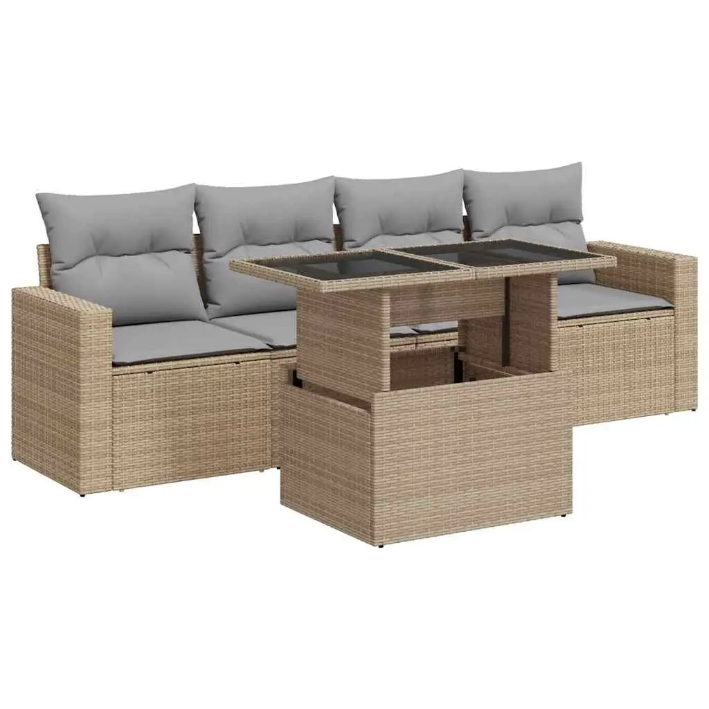 5 Piece Outdoor Garden Sofa Set Beige Poly Rattan Patio Furniture