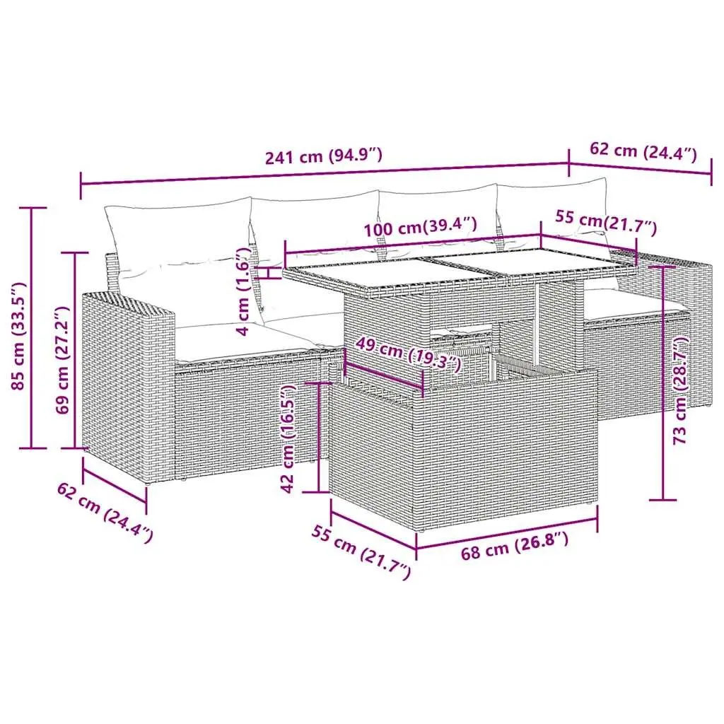 Garden Sofa Set 5 Piece Outdoor Furniture Grey Poly Rattan Patio Seating with