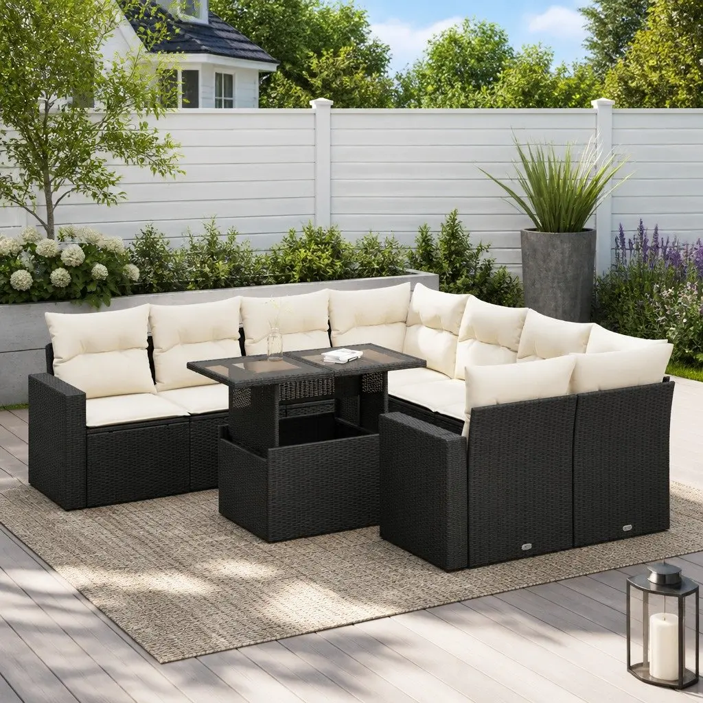 Outdoor Furniture Set 9 Piece Rattan Sofa with Storage Cushions Black