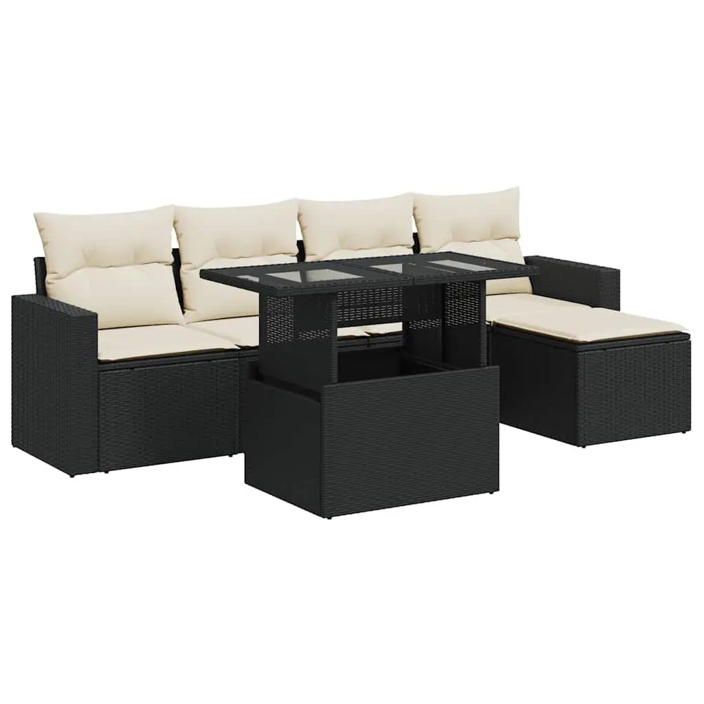 Garden Sofa Set 6 Piece Outdoor Furniture Black PE Rattan with Cushions