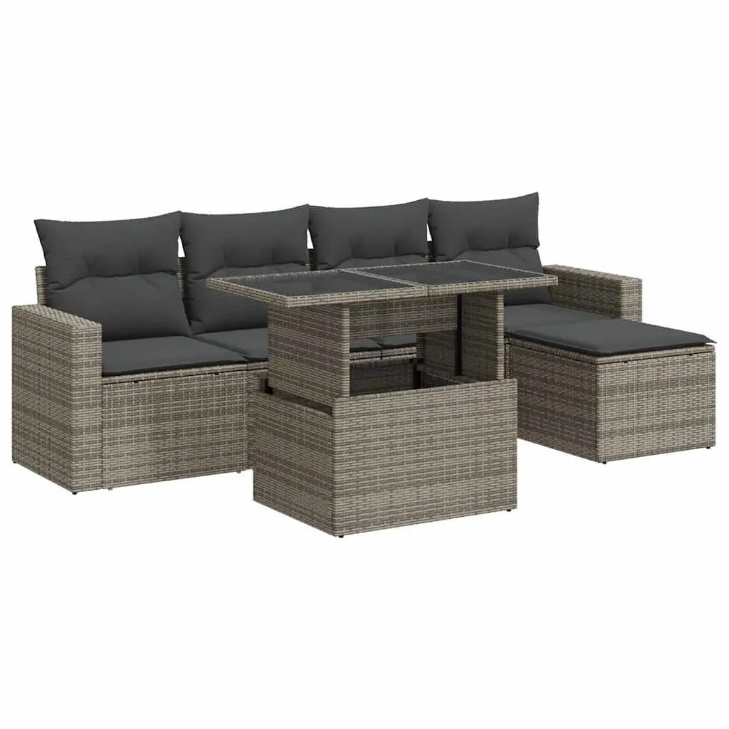 Outdoor Furniture Set 6 Piece Grey Poly Rattan Sofa with Cushions and Adjustable Table for Garden Patio and Terrace