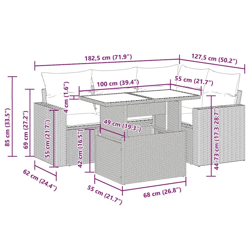 5 Piece Patio Sectional Sofa Set Outdoor Furniture Black with Cushions