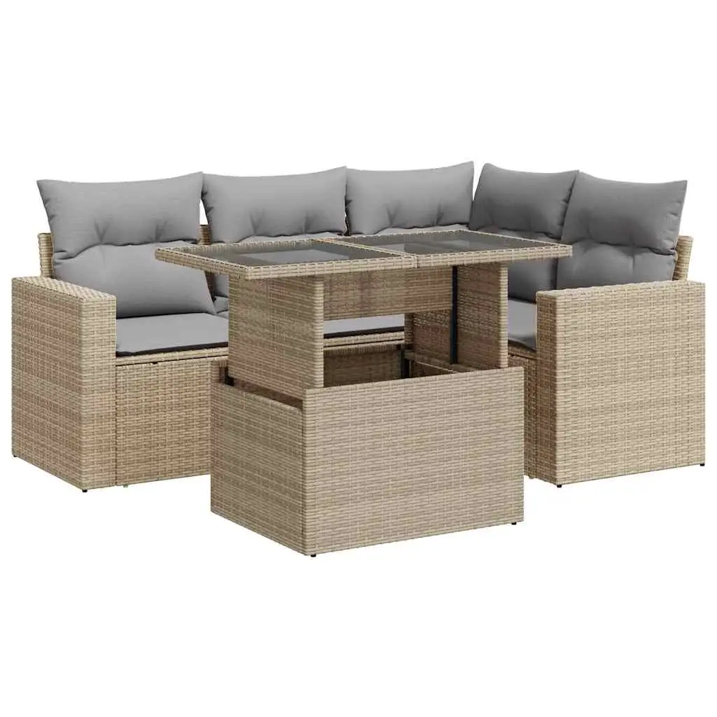 Garden Sofa Set Outdoor Furniture 5 Piece Beige Poly Rattan Patio Lounge