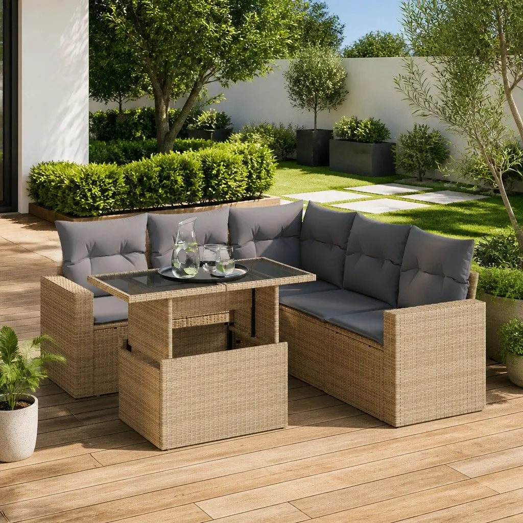 6 Piece Outdoor Garden Sofa Set with Storage Beige Rattan Cushions