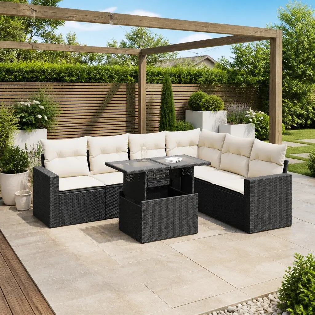 7 Piece Garden Sofa Set Outdoor Patio Black Poly Rattan Cushions Storage