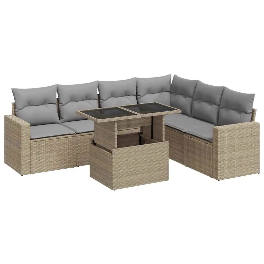 Outdoor Patio Furniture Set 7 Piece Beige Poly Rattan Garden Sofa with Cushions