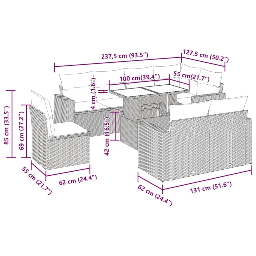 9 Piece Outdoor Sofa Set with Beige Cushions