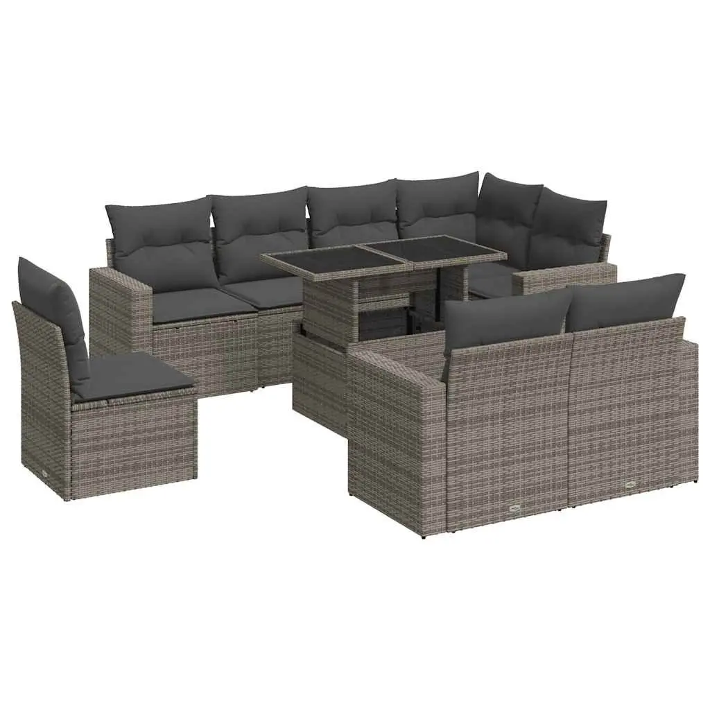 9 Piece Outdoor Furniture Set Grey Poly Rattan Garden Sofa with Adjustable Table and Storage Compartments for Patio and Terrace