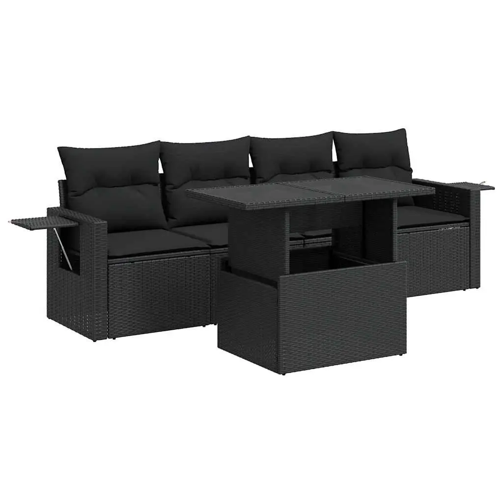5 Piece Garden Sofa Set Outdoor Use Black PE Rattan with Storage Cushions