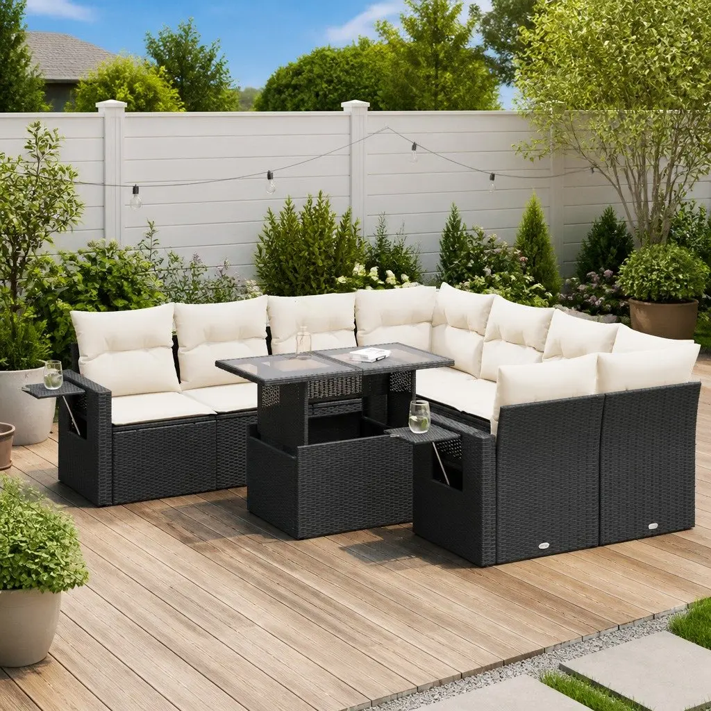 9 Piece Outdoor Garden Sofa Set Poly Rattan Patio Furniture Black