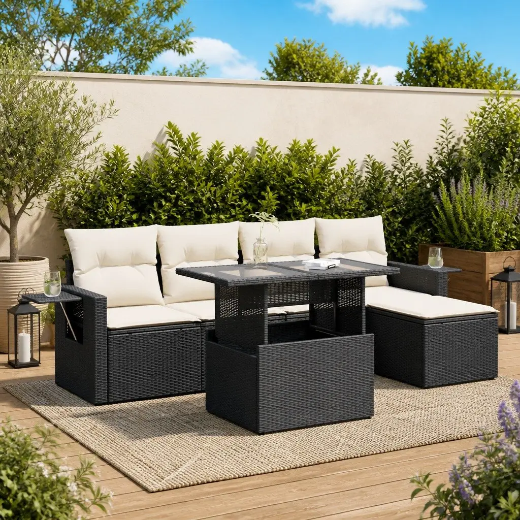 Outdoor 6 Piece Sofa Set Black Poly Rattan with Cushions Storage Adjustable Table