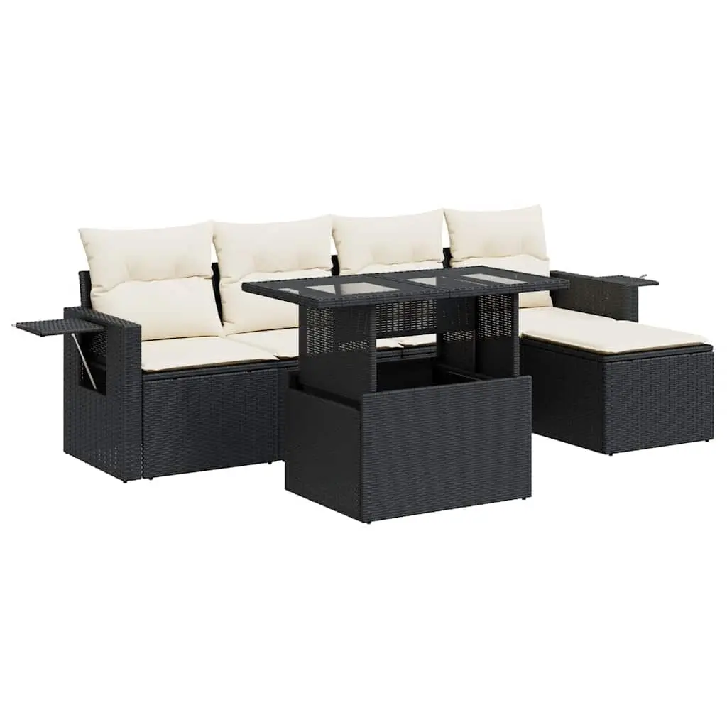 Outdoor 6 Piece Sofa Set Black Poly Rattan with Cushions Storage Adjustable Table