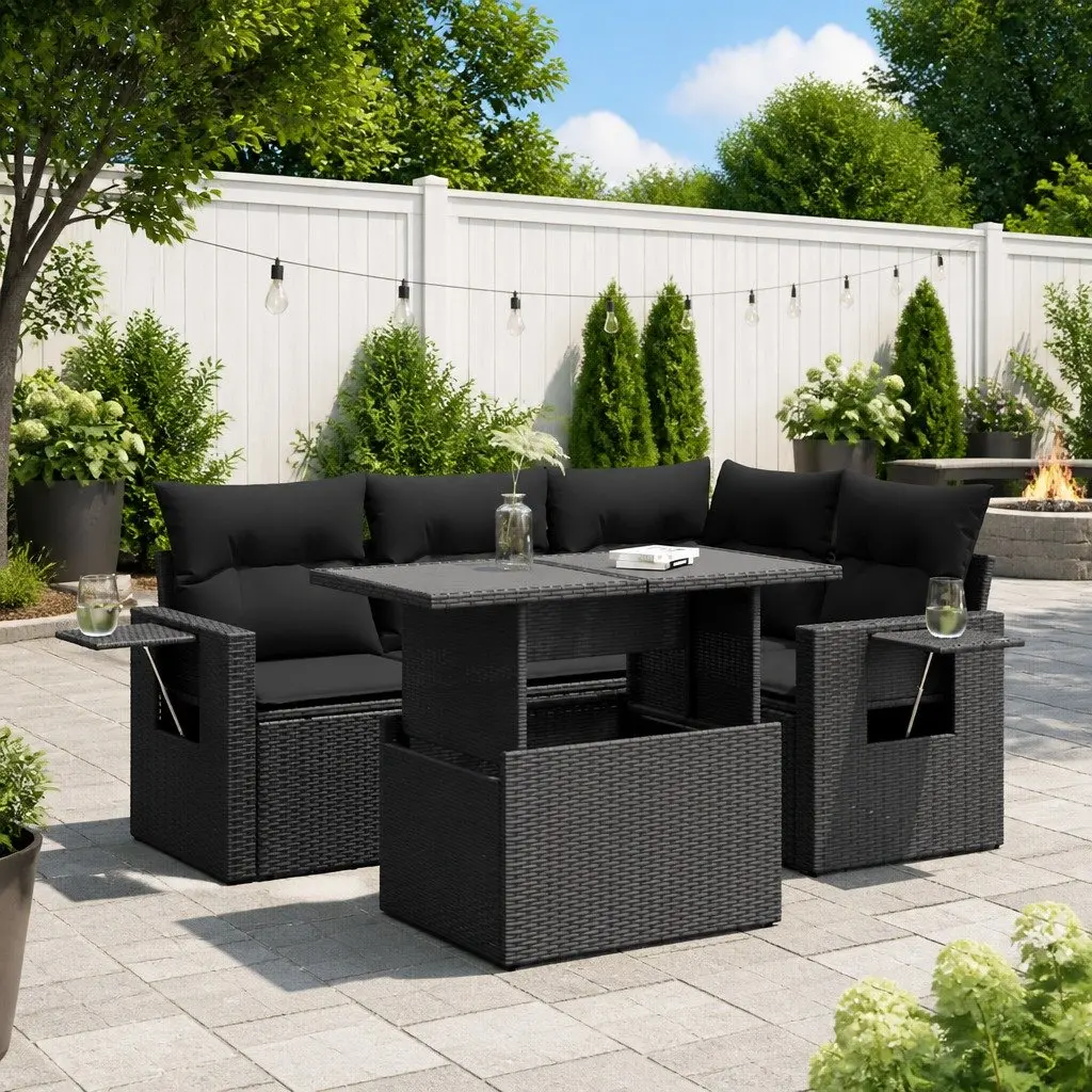 5 Piece Outdoor Garden Sofa Set Storage Cushions Black Poly Rattan