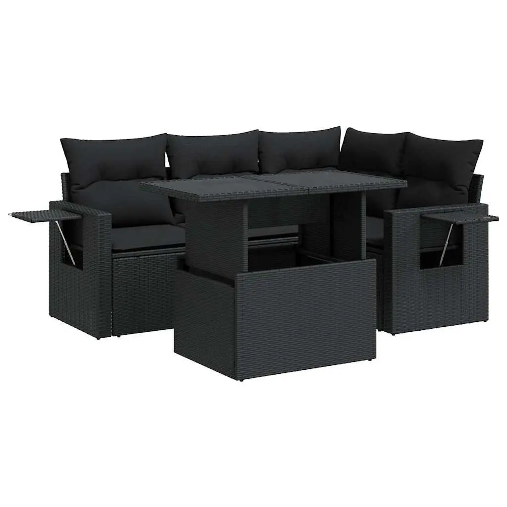 5 Piece Outdoor Garden Sofa Set Storage Cushions Black Poly Rattan