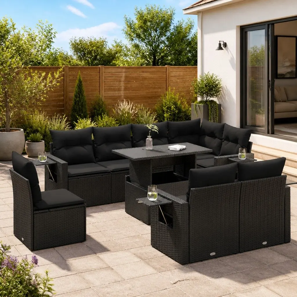 Outdoor Furniture 9 Piece Garden Sofa Set Black Poly Rattan with Cushions
