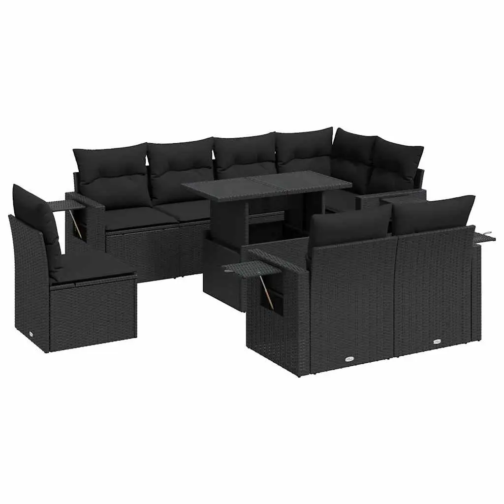 Outdoor Furniture 9 Piece Garden Sofa Set Black Poly Rattan with Cushions
