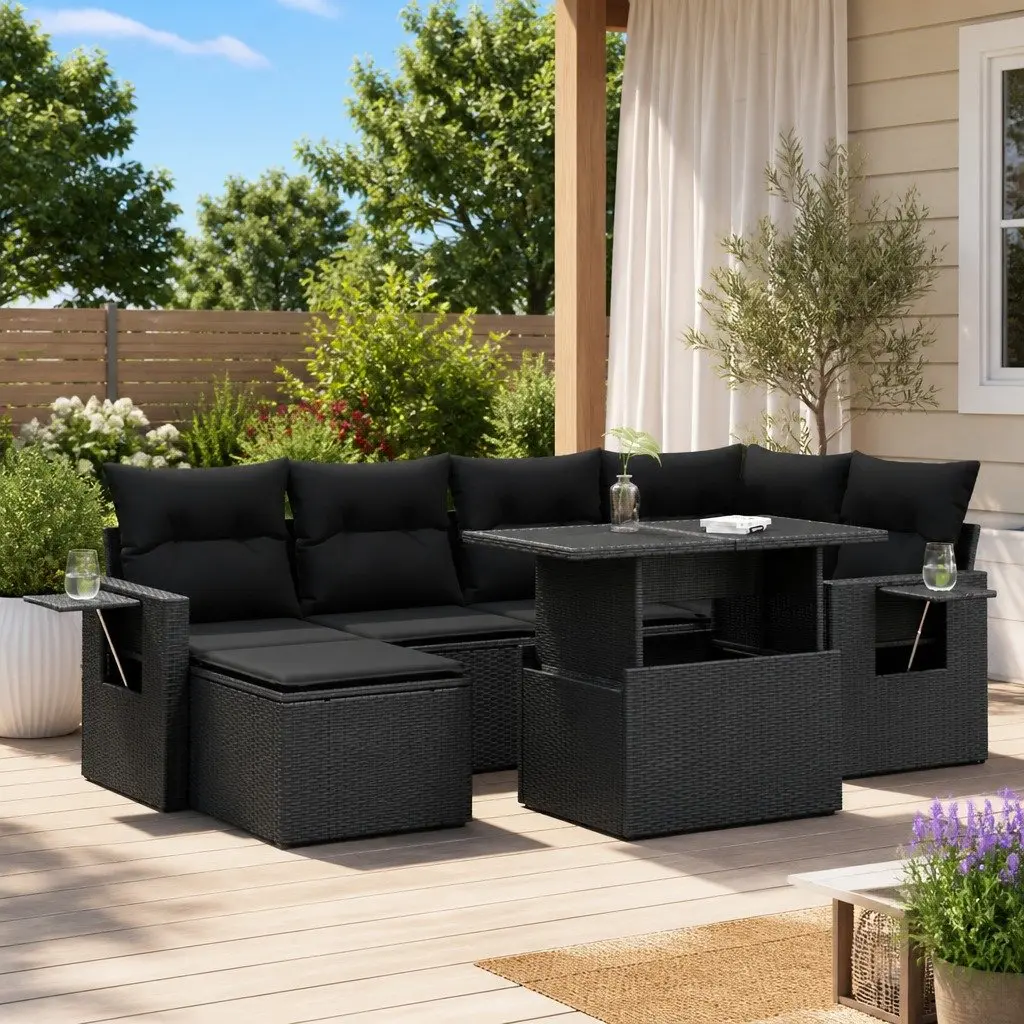 Garden Sofa Set Outdoor Furniture 7 Piece Poly Rattan Black