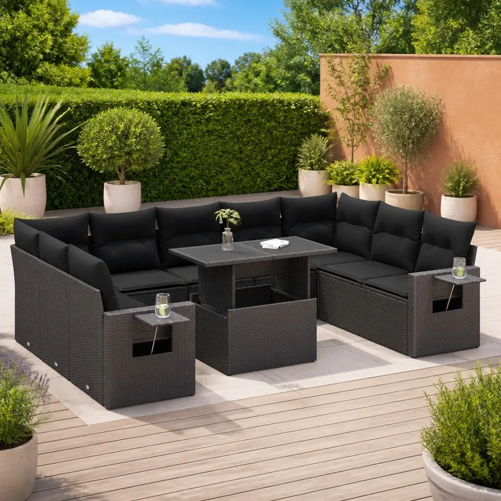 Garden Sofa Set Outdoor Furniture 10 Piece Patio Lounge Black Poly Rattan