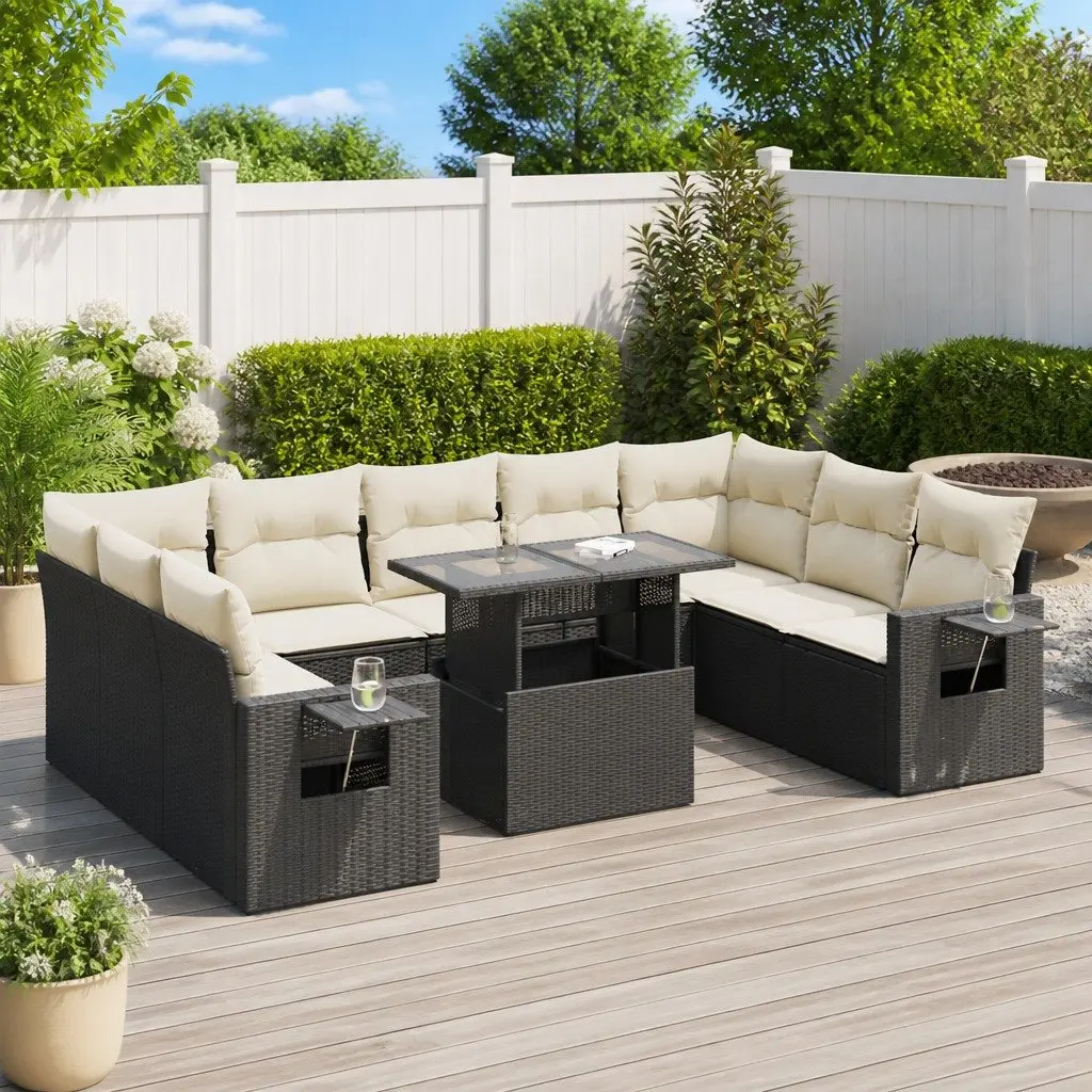 Outdoor Sofa Set 10 Piece Patio Furniture Black Poly Rattan Garden Sectional