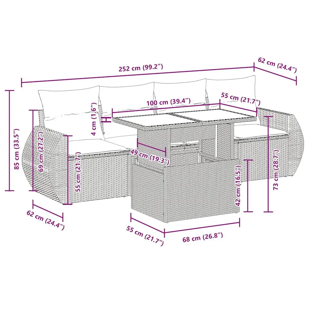 Garden Sofa Set 5 Piece Outdoor Furniture Grey PE Rattan Patio Lounge