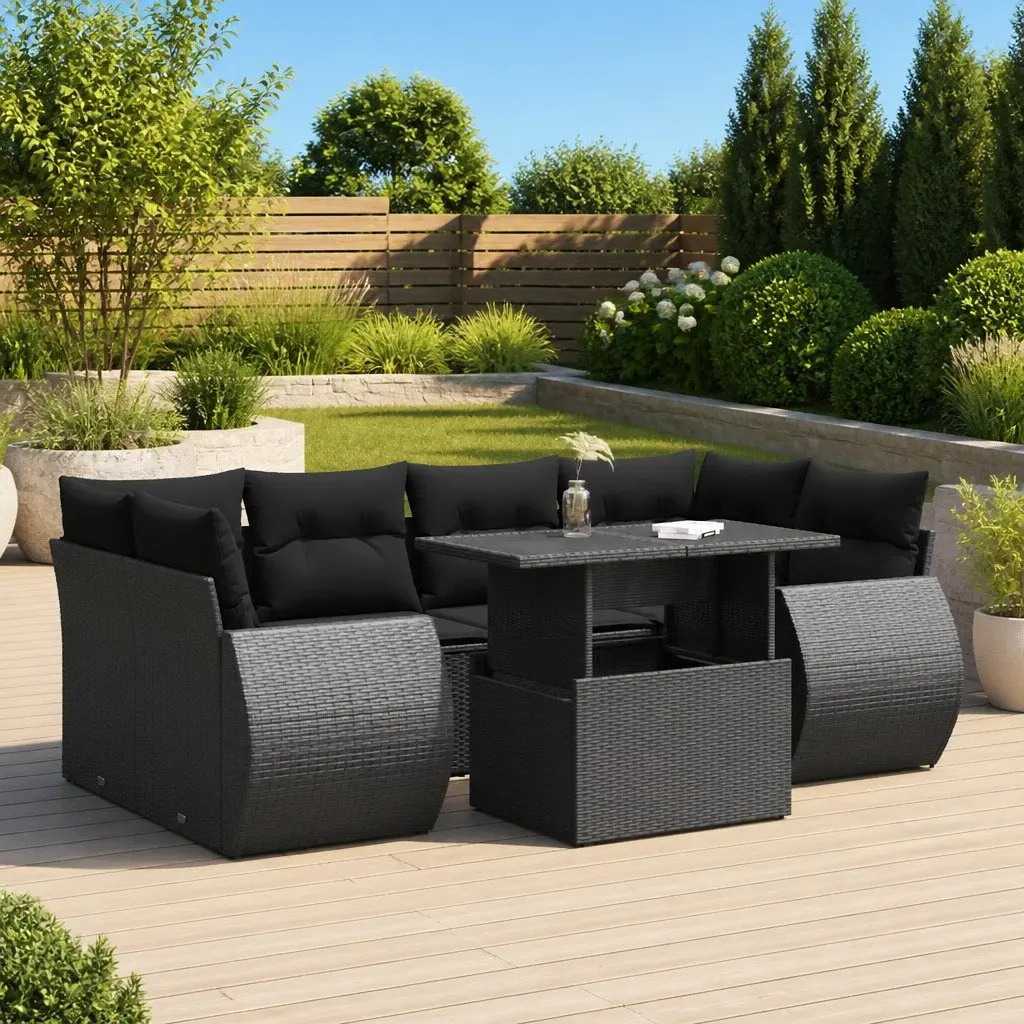 7 Piece Garden Sofa Set Outdoor Seating Black PE Rattan with Storage Cushions