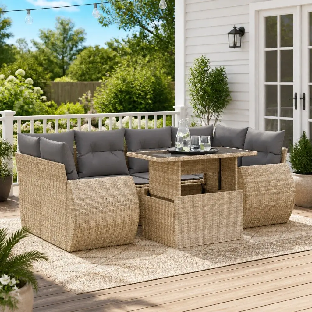 7 Piece Patio Furniture Set Beige Poly Rattan Garden Sofa with Adjustable Table and Storage Compartments