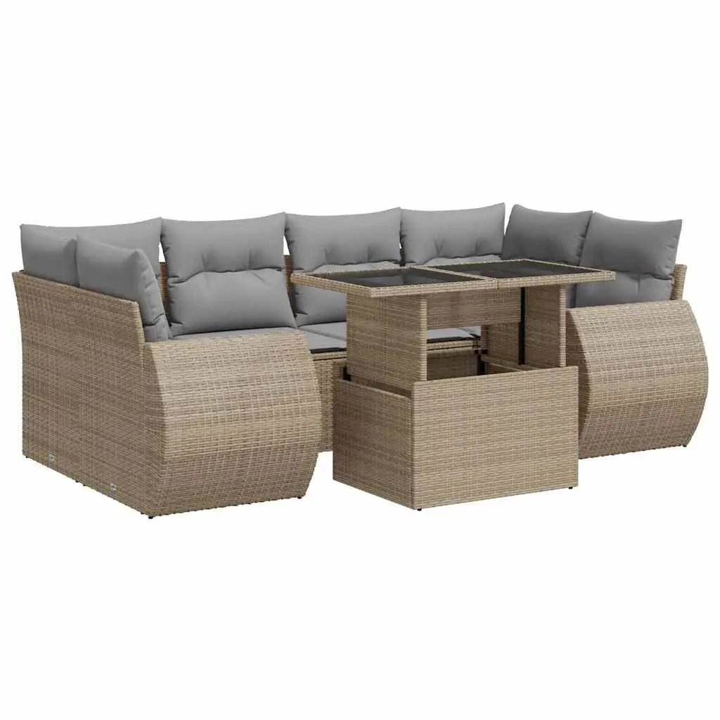 7 Piece Patio Furniture Set Beige Poly Rattan Garden Sofa with Adjustable Table and Storage Compartments