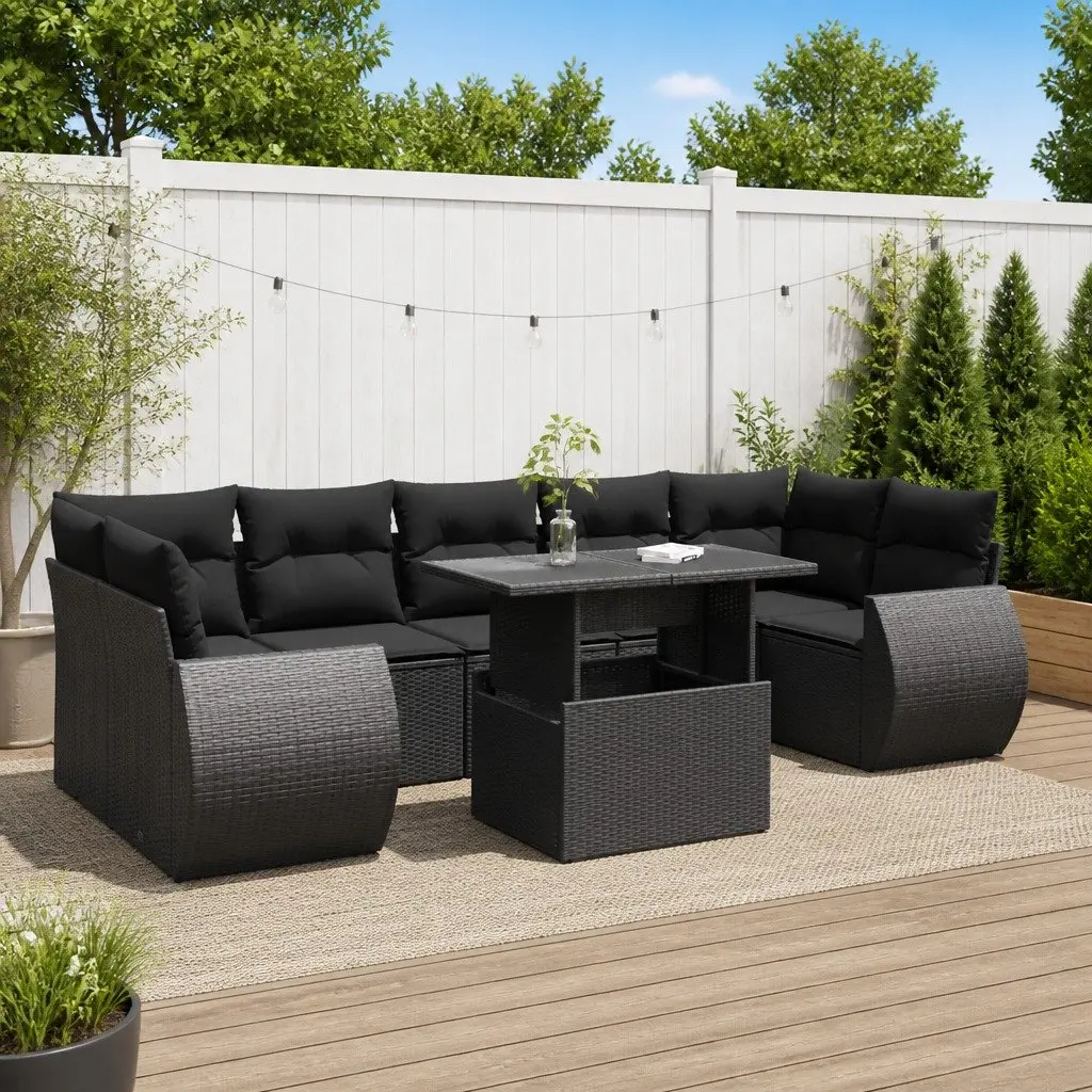 Garden Sofa Set 8 Piece Outdoor Furniture Patio Black Poly Rattan with Cushions