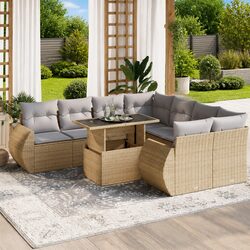 Outdoor Garden Sofa Set 9 Piece Beige Poly Rattan Patio Furniture with Cushions