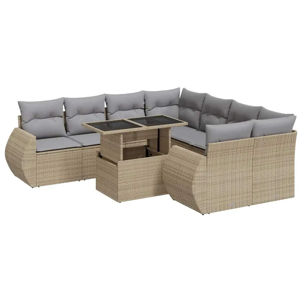 9PieceBeigePolyRattanGardenSofaSetPatioFurnitureAdjustableTableStorageCushions