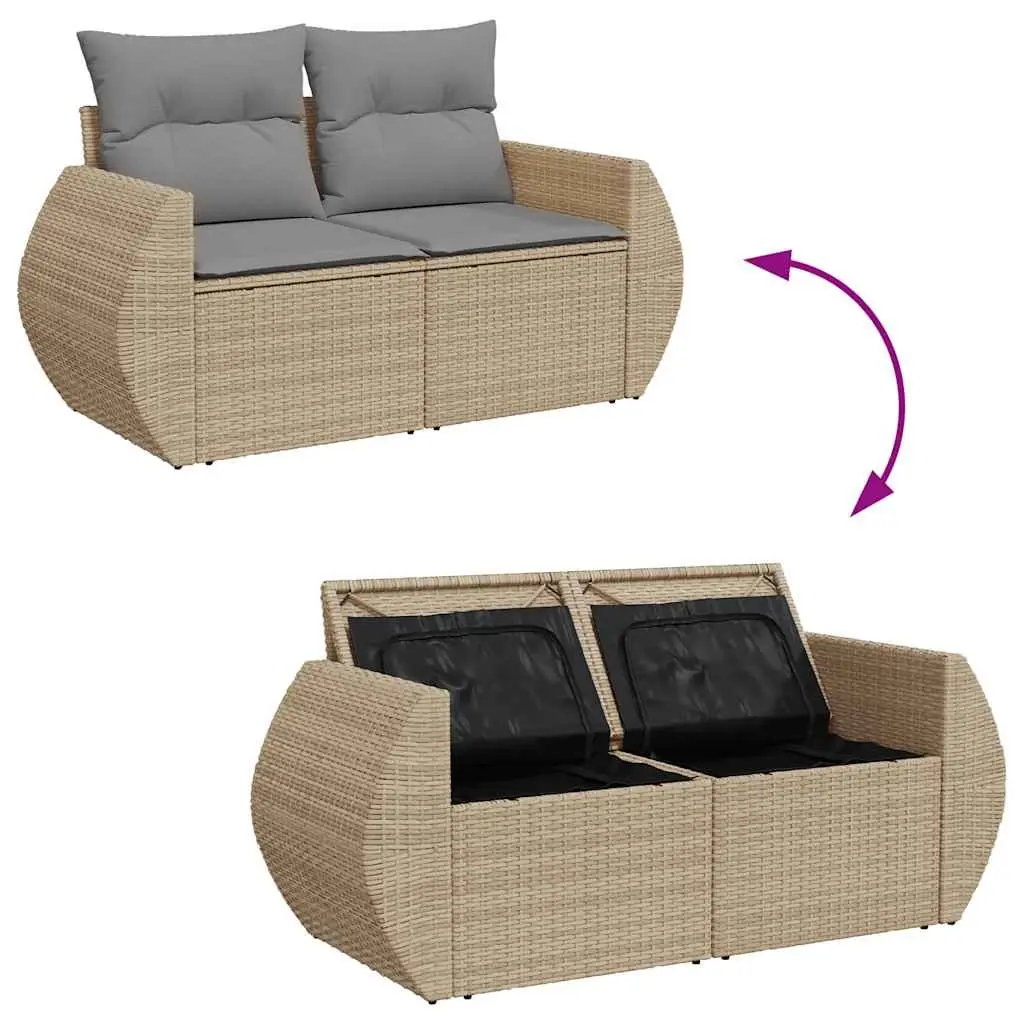 9PieceBeigePolyRattanGardenSofaSetPatioFurnitureAdjustableTableStorageCushions
