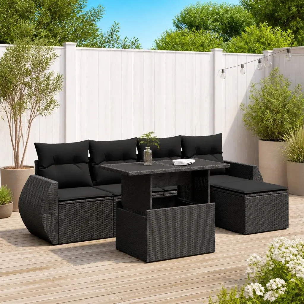 Garden Sofa Set Outdoor Furniture 6 Piece Black Poly Rattan with Cushions