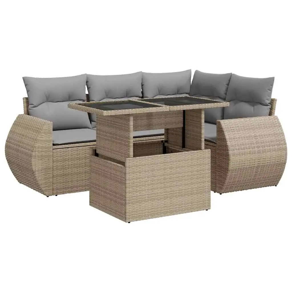 Garden Sofa Set 5 Piece Outdoor Furniture Patio Beige Poly Rattan with Storage