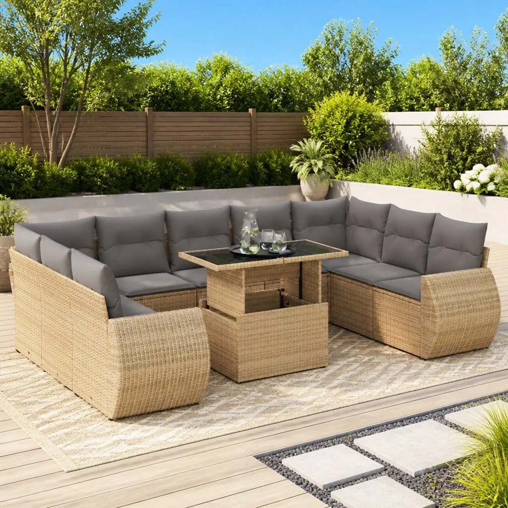 Garden Sofa Set 10 Piece Outdoor Furniture Beige Poly Rattan Patio Lounge