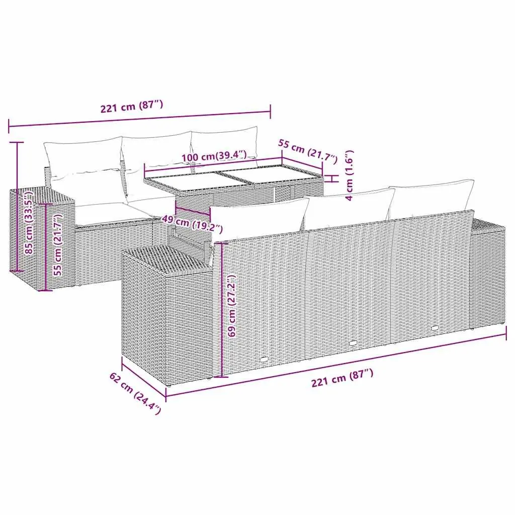 Garden Sofa Set 7 Piece Outdoor Furniture Grey PE Rattan Modular Patio Seating