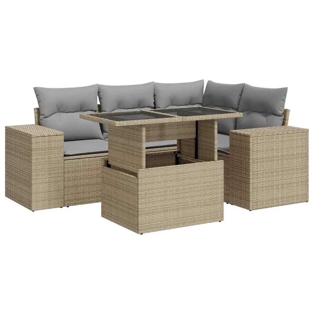 Outdoor Garden Sofa Set 5 Piece Beige Poly Rattan Patio Furniture with Cushions