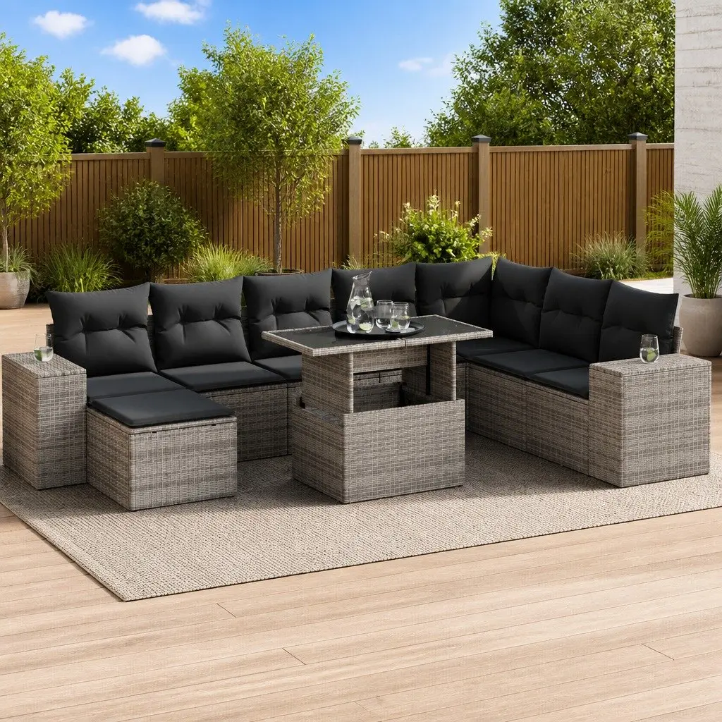 9 Piece Grey Patio Furniture Sofa Set Outdoor Garden Poly Rattan with Storage and Adjustable Table