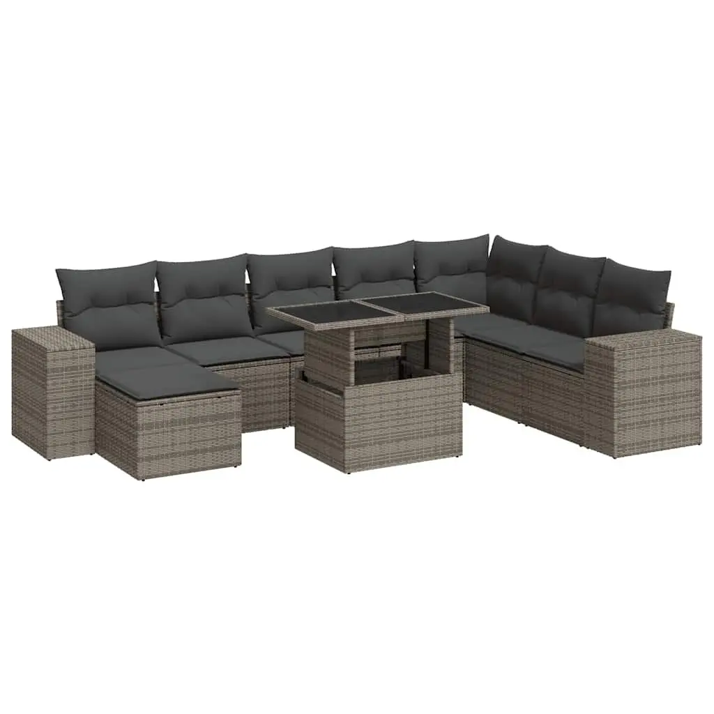 9 Piece Grey Patio Furniture Sofa Set Outdoor Garden Poly Rattan with Storage and Adjustable Table