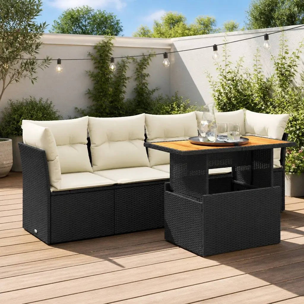 Garden Sofa Set 5 Piece Outdoor Furniture Patio Black Poly Rattan with Cushions