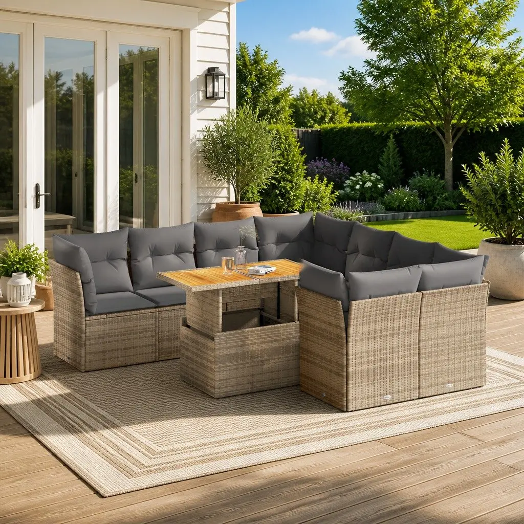9 Piece Garden Sofa Set Outdoor Furniture Beige Poly Rattan with Cushions