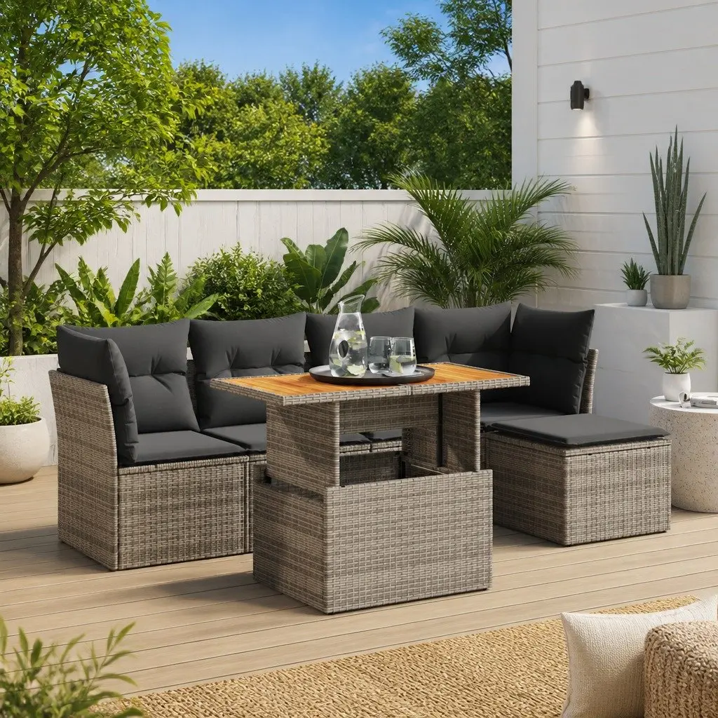 Garden Sofa Set 6 Piece Outdoor Furniture Modular Grey Poly Rattan