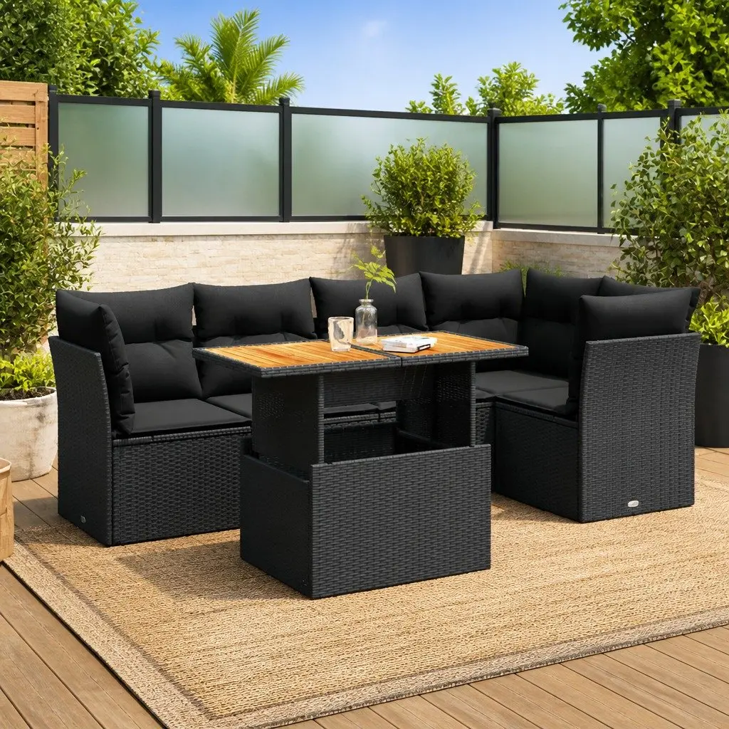 Garden Sofa Set 6 Piece Outdoor Furniture Black PE Rattan Modular Seating