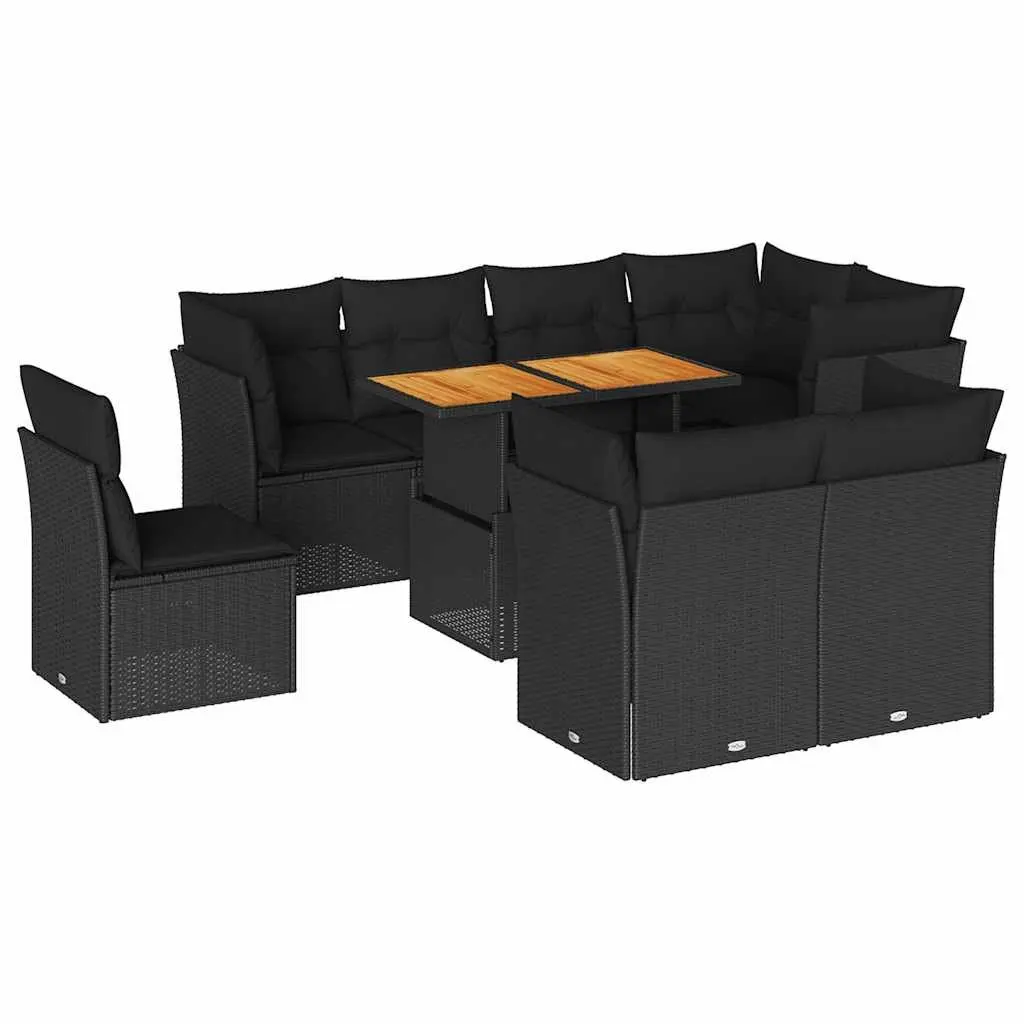 9 Piece Outdoor Garden Sofa Set Black Poly Rattan Patio Furniture with Cushions