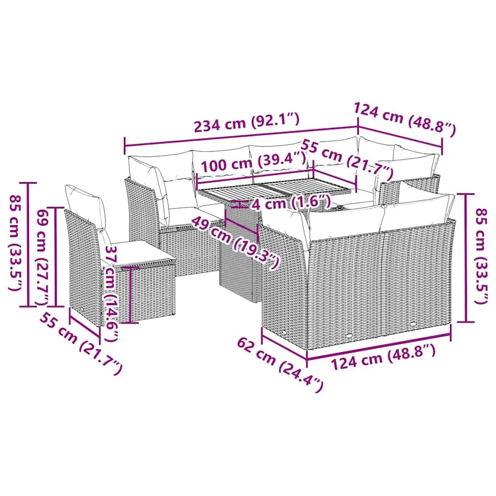 Outdoor Garden Sofa Set 9 Piece Modular Patio Furniture Beige Poly Rattan
