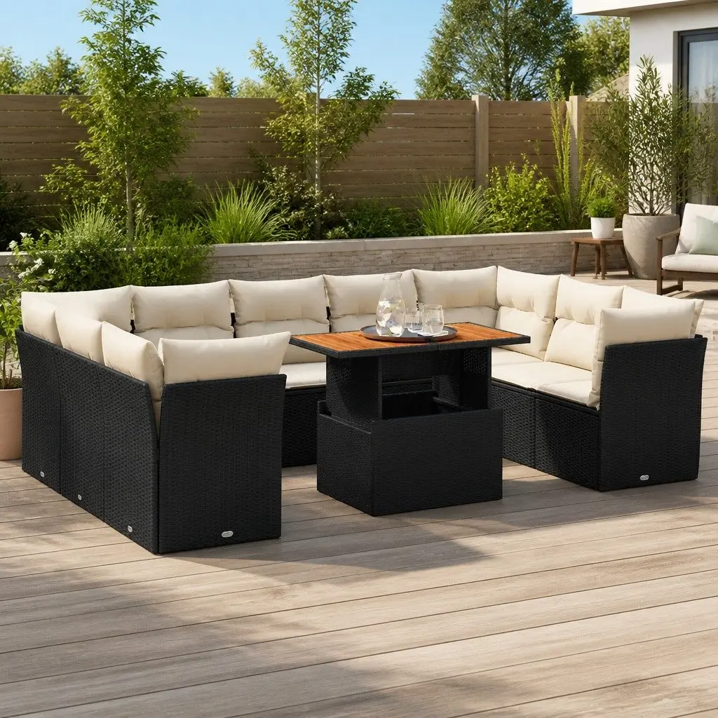 Garden Sofa Set Modular Outdoor Furniture 10 Piece Black Poly Rattan Patio