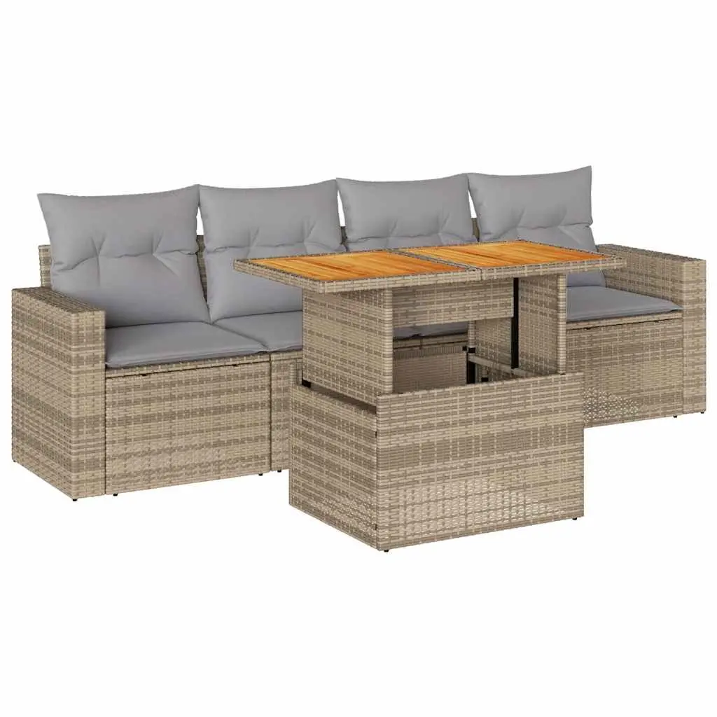 Outdoor Garden Sofa Set 5 Piece Beige Poly Rattan Patio Furniture with Cushions