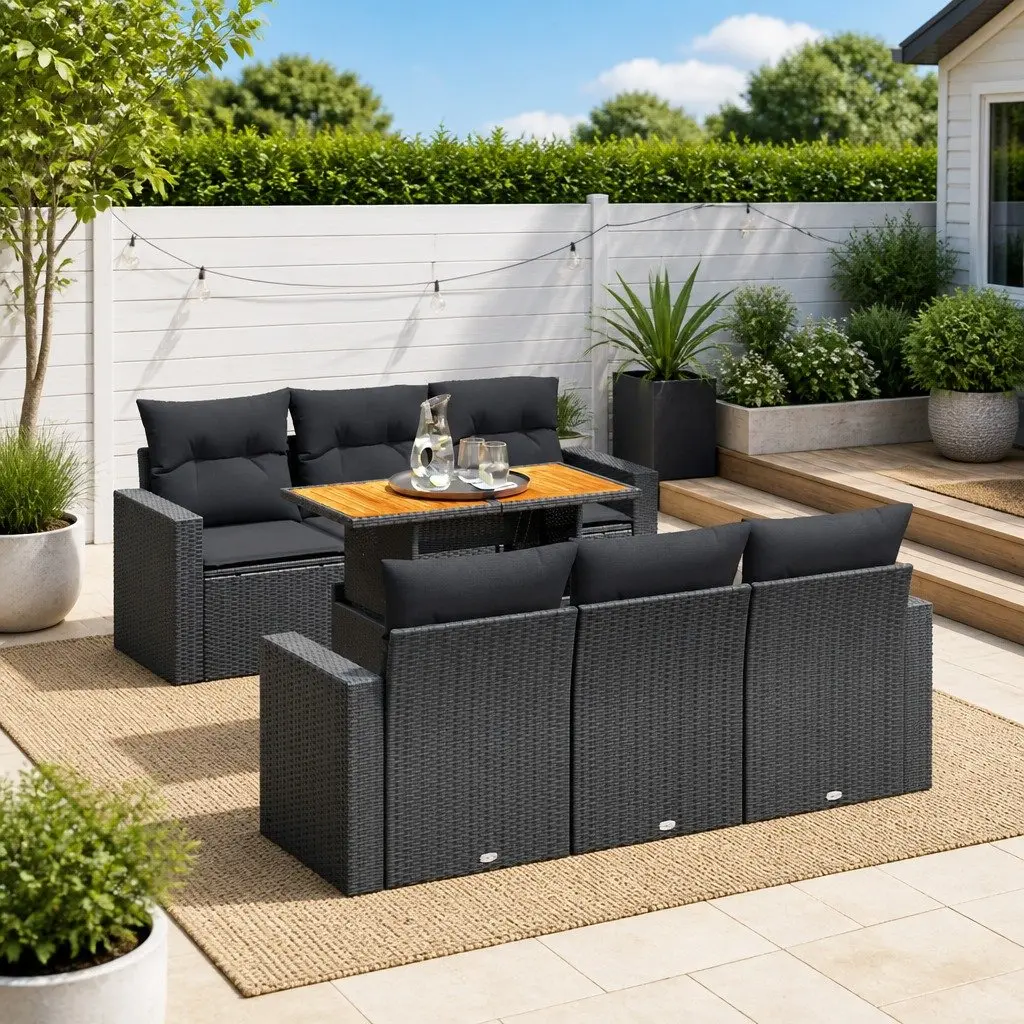 Garden Sofa Set 7 Piece Outdoor Furniture Black Poly Rattan Patio Lounge