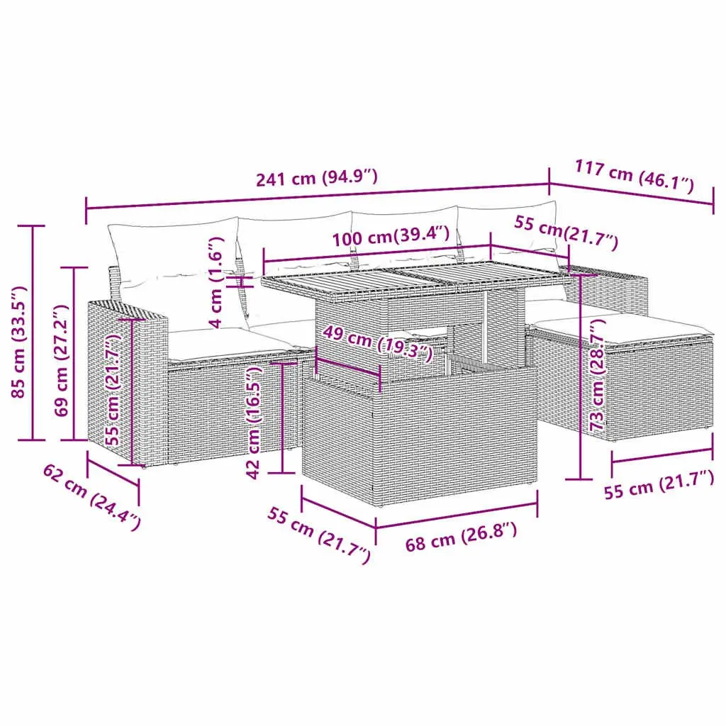 Garden Sofa Set Outdoor Furniture Modular 6 Piece Black Poly Rattan