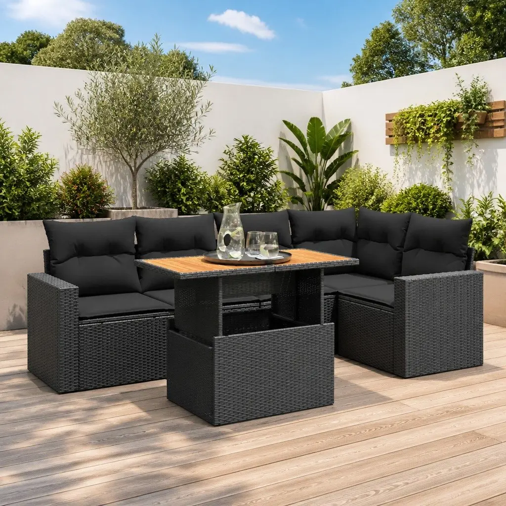 Garden Sofa Set Outdoor Furniture Modular Sectional 6 Piece Black Poly Rattan