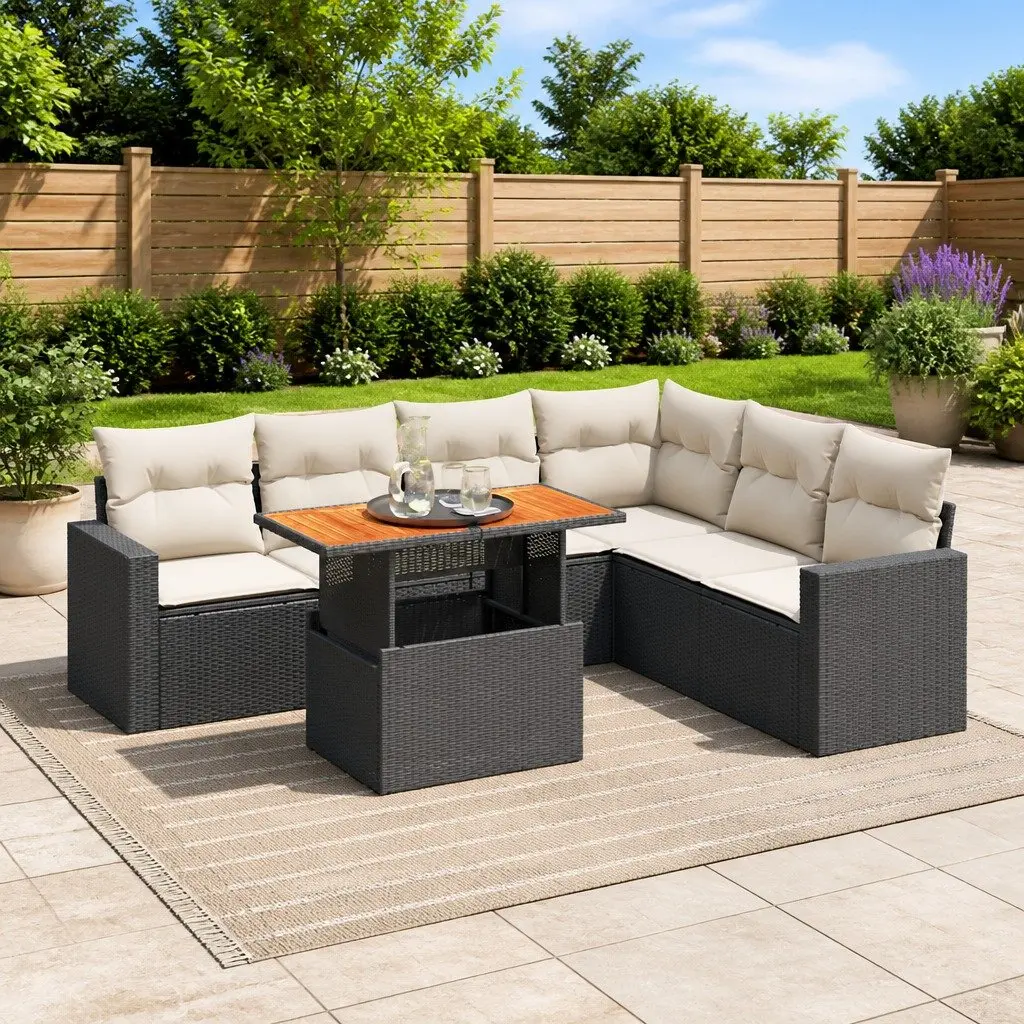 7 Piece Garden Sofa Set Outdoor Storage Cushions Black Poly Rattan